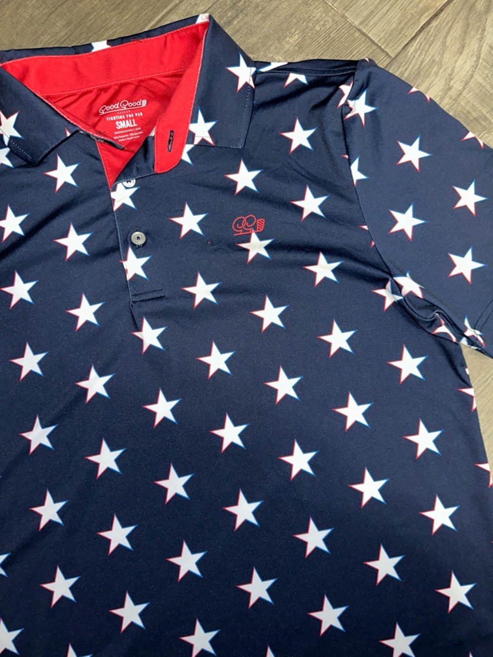 Good Good Golf Polo Shirt Mens Small Blue Star Pattern USA America Patriotic